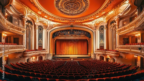 Elegant theater interior featuring ornate architecture, illuminated stage, and plush seating, perfect for performances and events.