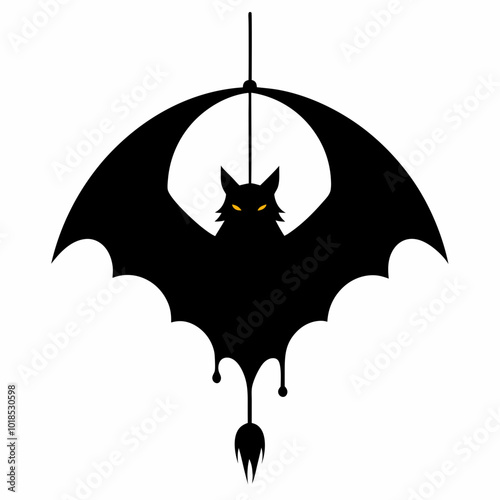 A bat hanging upside down in a cave silhouette vector illustration on white background