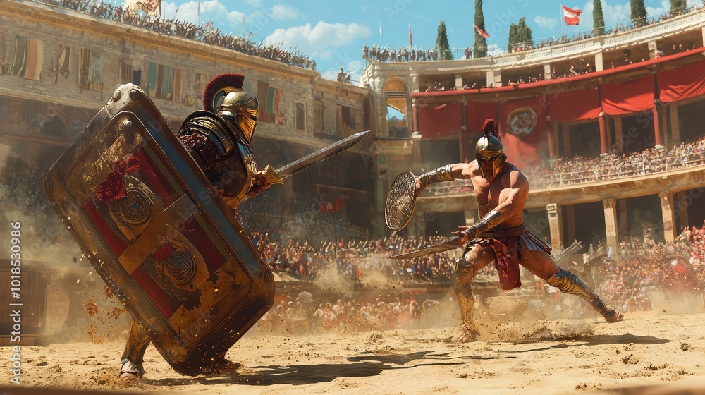 Fototapeta premium Epic showdown between gladiators in an ancient arena, showcasing bravery, skill, and the thrill of battle amidst roaring crowds.