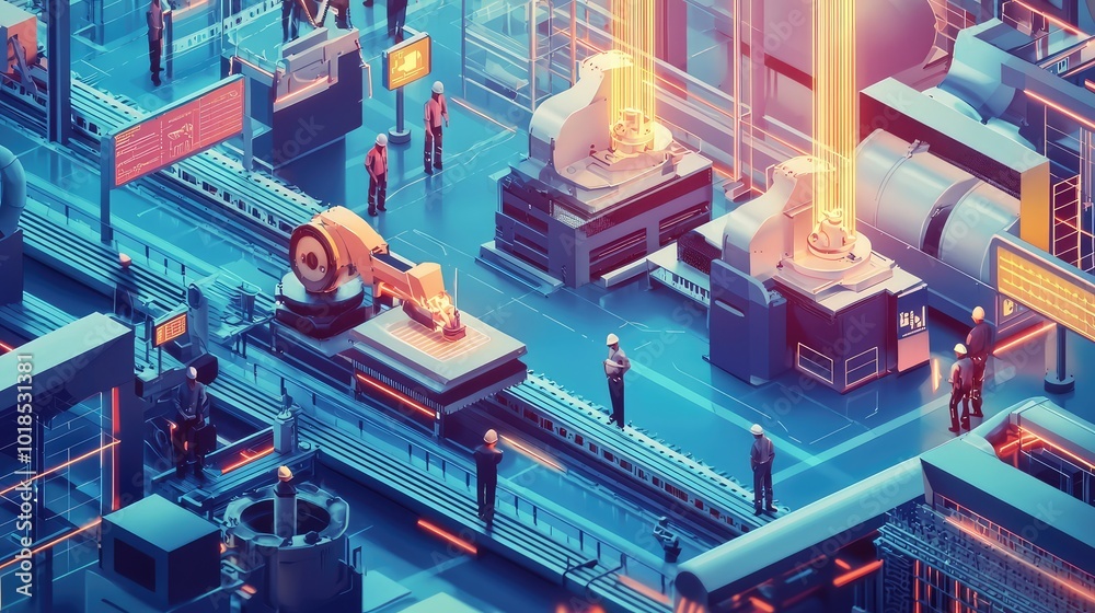 Futuristic factory scene showcasing automation, robots, and advanced technology in a vibrant industrial environment.