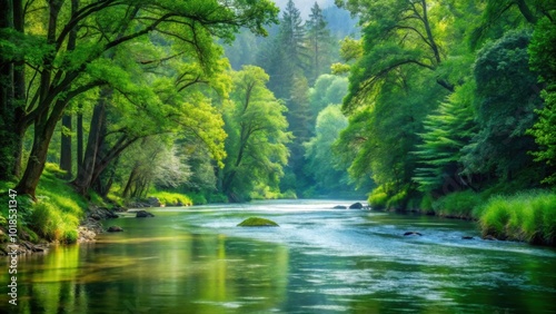 A serene river flowing through a lush green forest , nature, water, landscape, scenic, outdoors, calm, flowing, peaceful