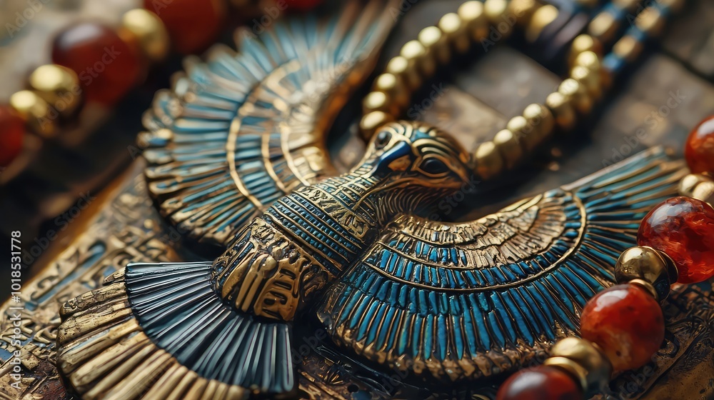 Intricate ancient Egyptian jewelry featuring a majestic bird motif, complemented by vibrant gemstones and detailed craftsmanship. Intricate ancient Egyptian jewelry featuring a majestic bird motif, complemented by vibrant gemstones and detailed craftsmanship.