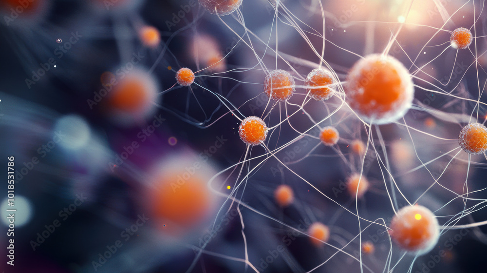 Microscopic cells are depicted in vibrant and intricate network, showcasing their bright colors and complex structures. This captures beauty of cellular biology and interconnectedness of life Microscopic cells are depicted in vibrant and intricate network, showcasing their bright colors and complex structures. This captures beauty of cellular biology and interconnectedness of life
