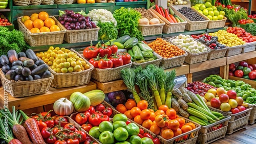 Fresh produce piled high on crisp white shelves, surrounded by rows of shelves stocked with packaged treats, a vibrant and inviting grocery store scene.