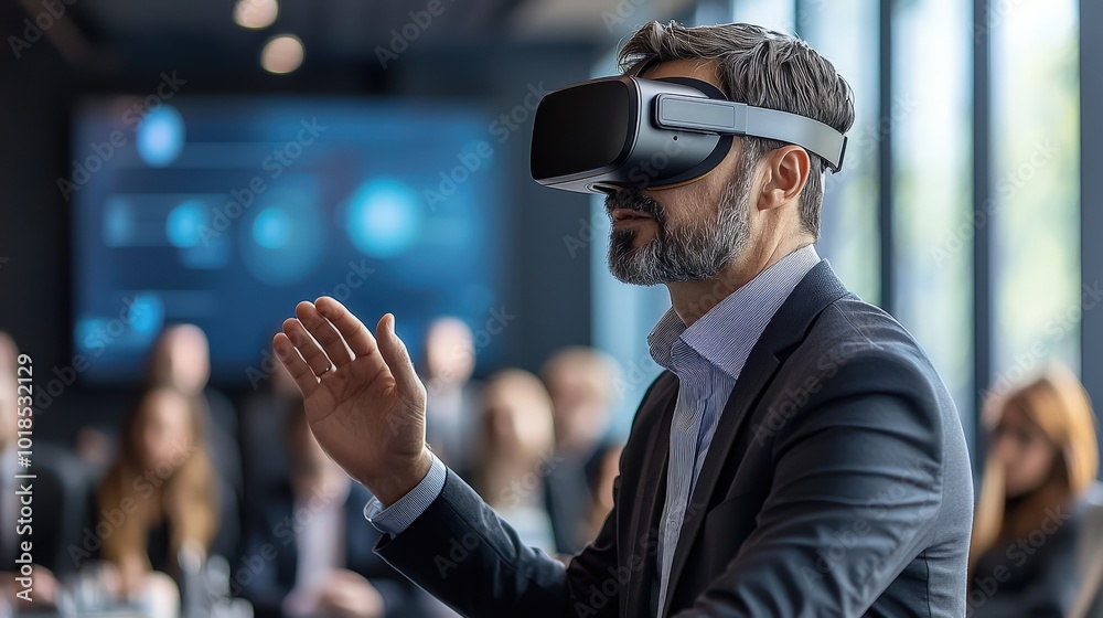 Businessman Using VR Headset in Meeting Businessman Using VR Headset in Meeting