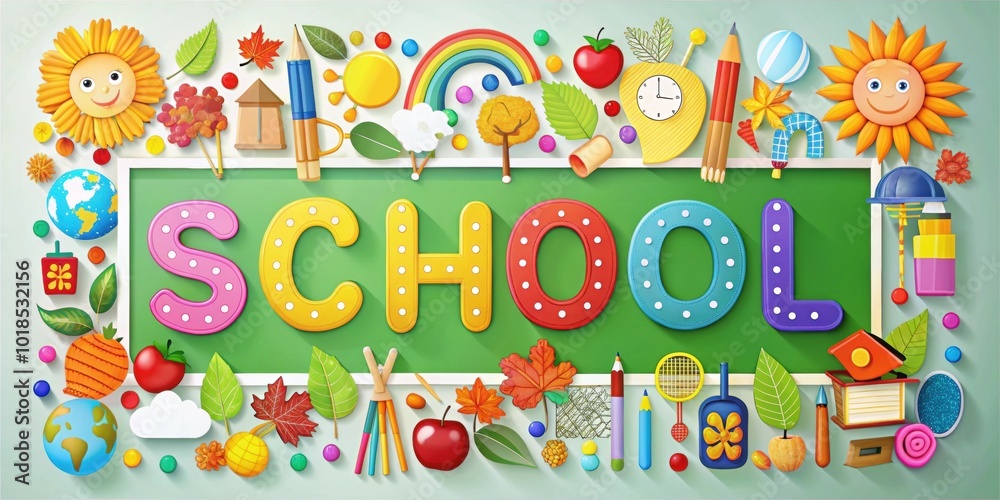 Fototapeta premium School word creatively displayed with colorful educational elements and seasonal icons, typography, display