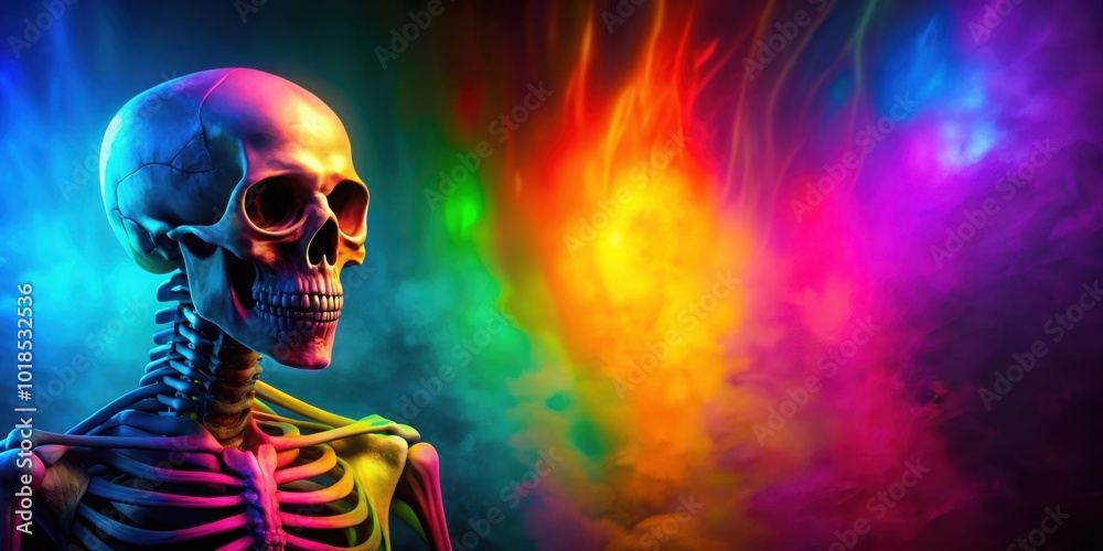A human skeleton in a colorful smoke filled space with neon lights reflecting on its bones A human skeleton in a colorful smoke filled space with neon lights reflecting on its bones