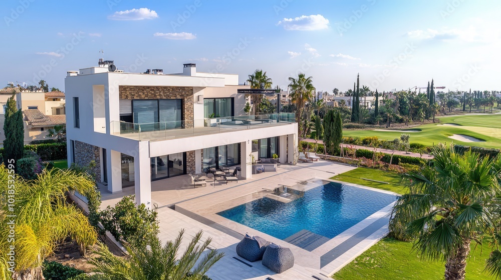 Fototapeta premium Luxurious modern villa with a stunning pool, surrounded by palm trees and lush greenery, ideal for relaxation and leisure.