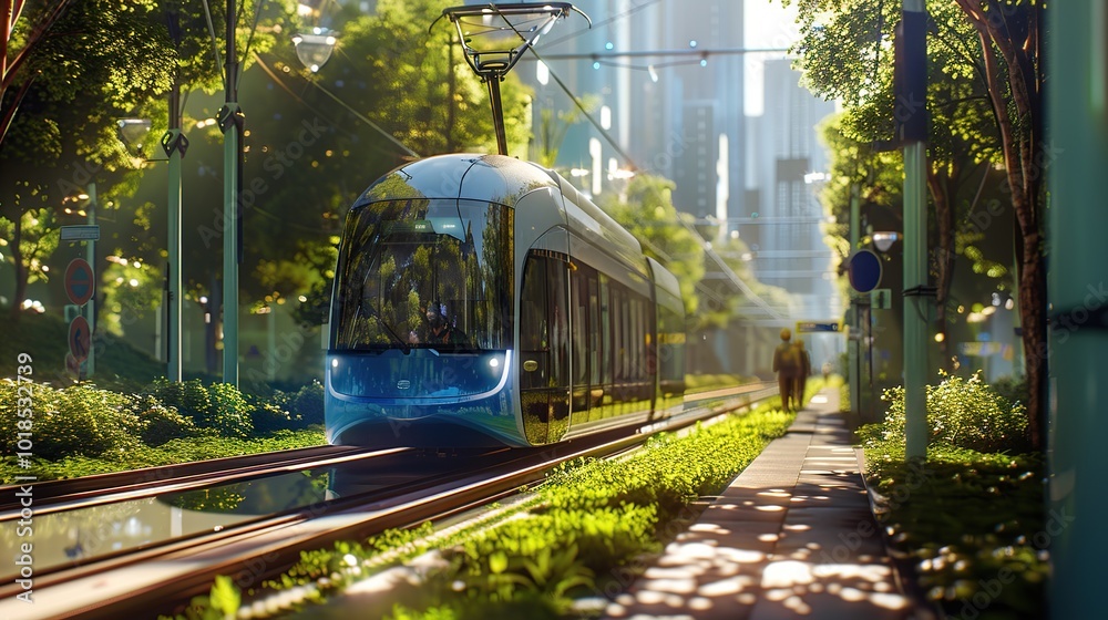 Naklejka premium Innovative hydrogen-powered tram with modern design in a green city