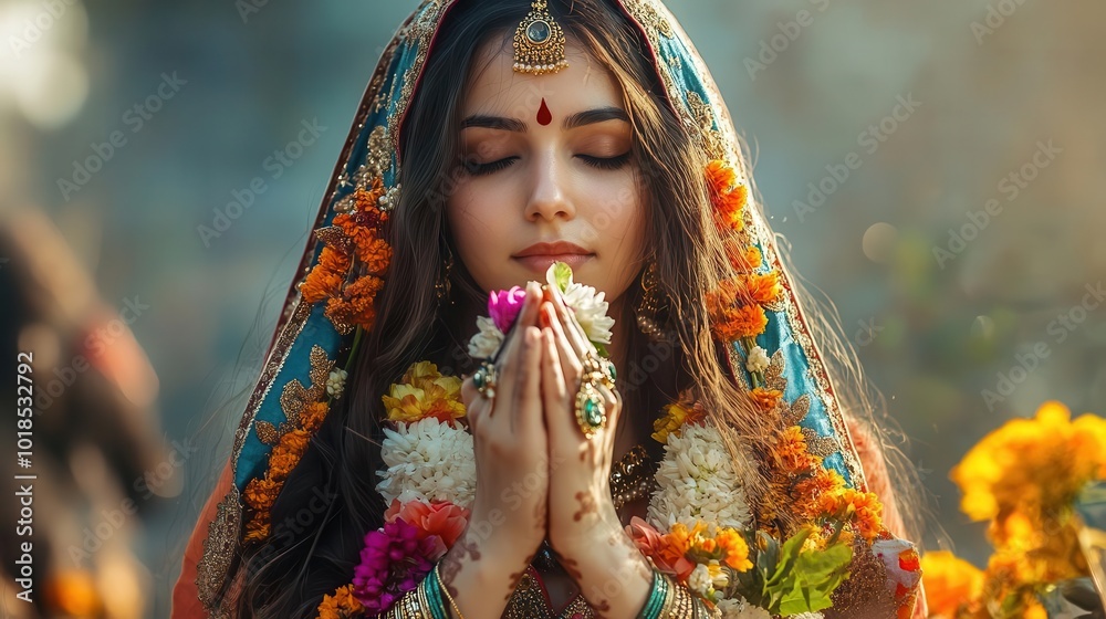 A serene woman adorned with flowers, praying with closed eyes, embodying peace and spirituality in a vibrant setting. A serene woman adorned with flowers, praying with closed eyes, embodying peace and spirituality in a vibrant setting.