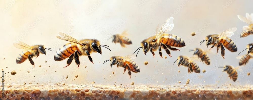 Fototapeta premium Queen bee leading her colony, with a trail of bees following her through the hive