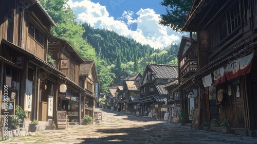 A quiet anime town square with traditional houses, small shops, and gentle sunlight shining down.