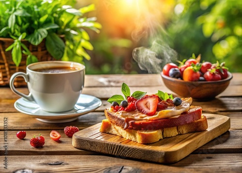 Golden toast, crispy bacon, and fresh fruit adorn a rustic wooden table, surrounded by steam rising from a cup of hot coffee on a sunny morning. photo