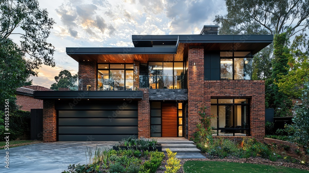 Modern brick house with large windows, lush garden, and stunning architecture under a dramatic sky. Perfect for home and design needs. Modern brick house with large windows, lush garden, and stunning architecture under a dramatic sky. Perfect for home and design needs.