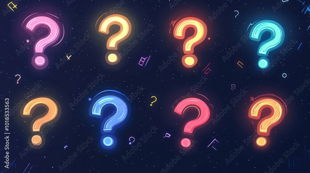 Assortment of glowing question mark icons on a dark blue background, symbolizing the search for information and understanding