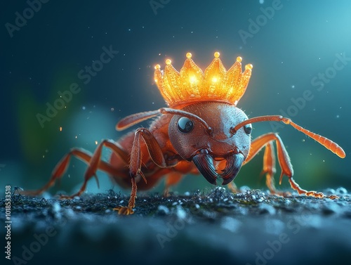 Queen ant with glowing crown leading her colony, illuminated by soft moonlight, surreal atmosphere photo