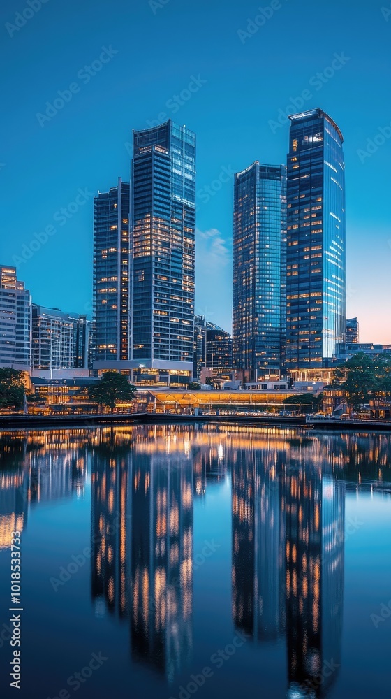 Fototapeta premium Stunning urban skyline at twilight, showcasing modern skyscrapers reflected on peaceful water surface.