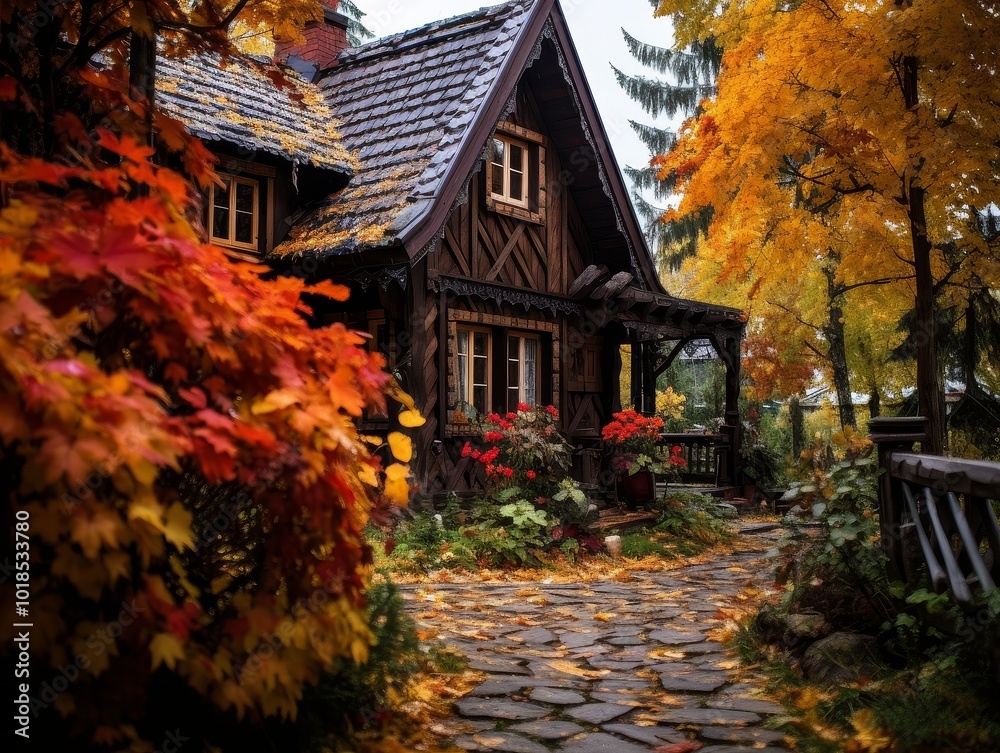 Obraz premium Autumnal Embrace: Historic Charmer Amidst Vibrant Foliage