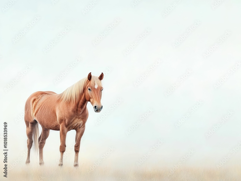 Obraz premium Horse standing peacefully in a misty meadow, soft early morning light, ethereal atmosphere