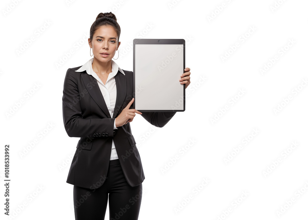 Serious Young Female Marketing Specialist in a Black Suit Points to a Blank Tablet Screen. Isolated on Transparent Background. PNG. Serious Young Female Marketing Specialist in a Black Suit Points to a Blank Tablet Screen. Isolated on Transparent Background. PNG.