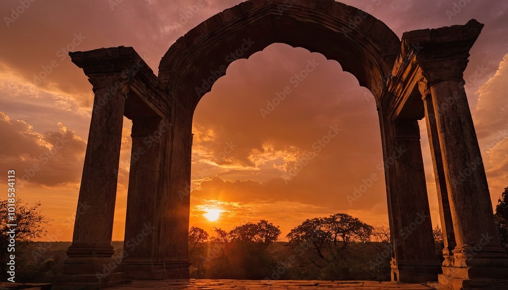 Fototapeta premium A large arch with a star filled sky and galaxy in the background 9