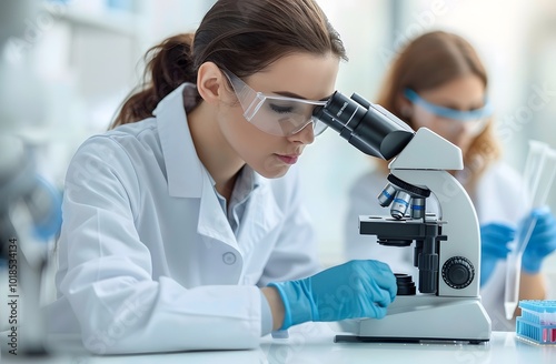 Lab Technician Examining Specimen Through Eyepiece of Microscope