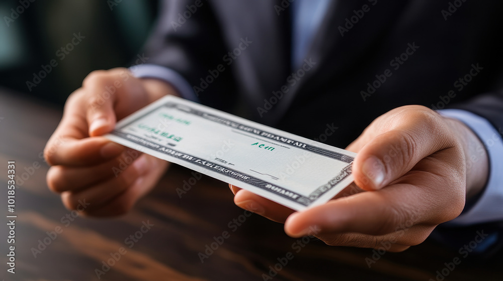 Businessperson Handing Out a Cheque to Colleague in Formal Setting Representing Payroll, Bonuses, or Financial Transactions Businessperson Handing Out a Cheque to Colleague in Formal Setting Representing Payroll, Bonuses, or Financial Transactions