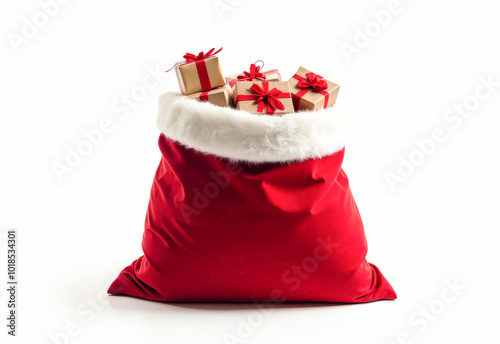 a red bag full of gifts on a white background