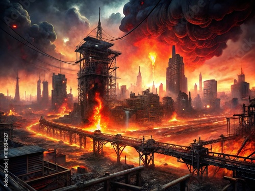 Inferno flames engulf a cityscape ravaged by calamity, casting crimson shadows on twisted metal and mangled infrastructure, amidst a backdrop of decay and ruin.