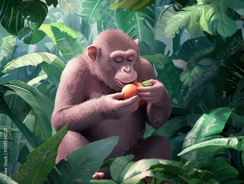 Monkey eating fruit in a lush rainforest, vibrant colors of nature all around, serene atmosphere photo