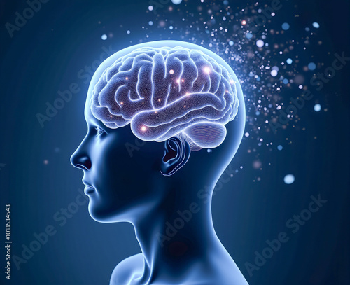 3D glowing human brain in the head on a blue background