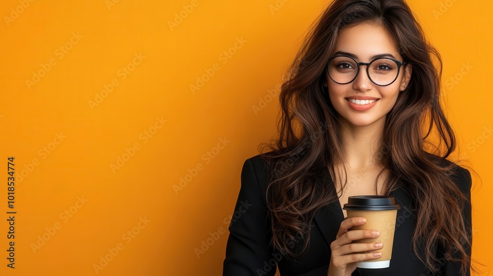 A stylish woman smiles while holding a coffee cup against a vibrant orange background, exuding confidence and warmth. A stylish woman smiles while holding a coffee cup against a vibrant orange background, exuding confidence and warmth.