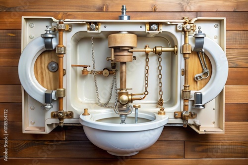 Inside toilet tank with flapper, fill valve, and chain, showcasing intricate mechanisms and plumbing components in a crisp, well-lit, and clean environment. photo