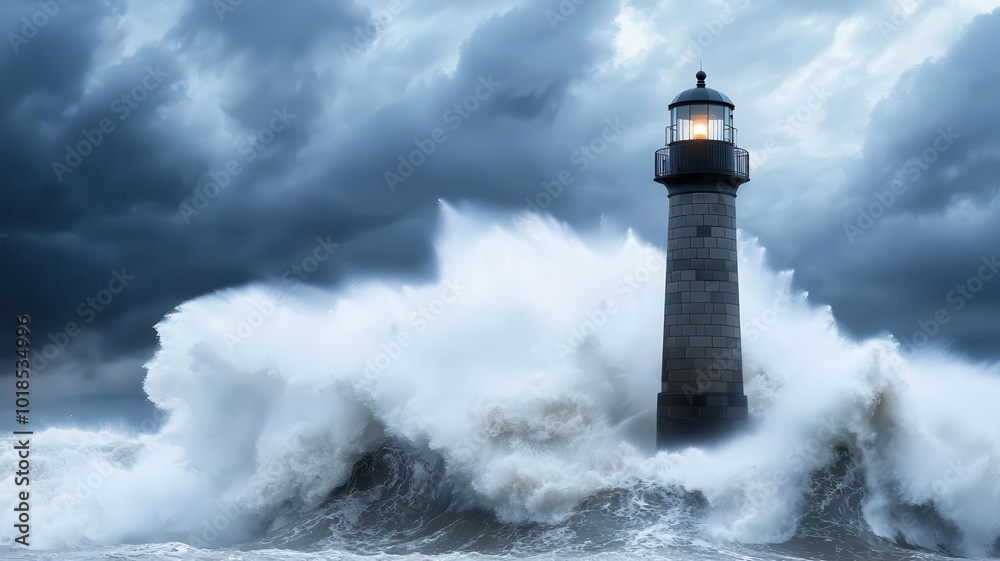 Powerful ocean waves crashing against a lighthouse during a storm, showing the unstoppable force of water, stormy seas, lighthouse resilience Powerful ocean waves crashing against a lighthouse during a storm, showing the unstoppable force of water, stormy seas, lighthouse resilience