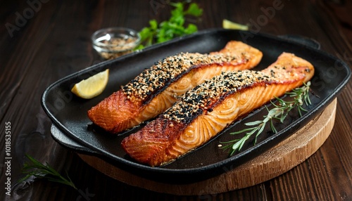 Salmon fillets. Grilled salmon, sesame seeds herb decorationon on vintage pan or black slate board. fish roasted on an old wooden table.Studio shot. photo