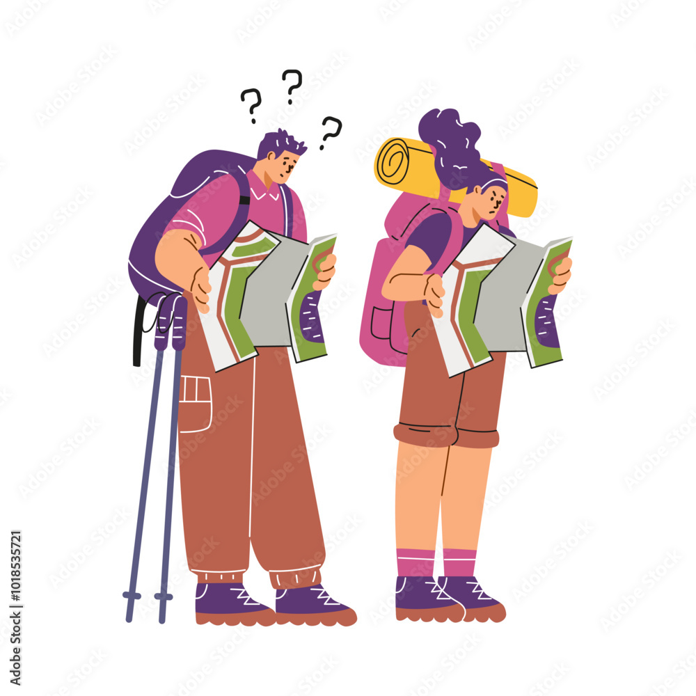 Confused woman and man backpacker hold paper map tracking route, get lost, vector frustrated tourists search direction Confused woman and man backpacker hold paper map tracking route, get lost, vector frustrated tourists search direction