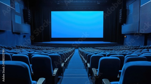 Blue screen at the back of an empty auditorium, seats neatly arranged, stage ready for action