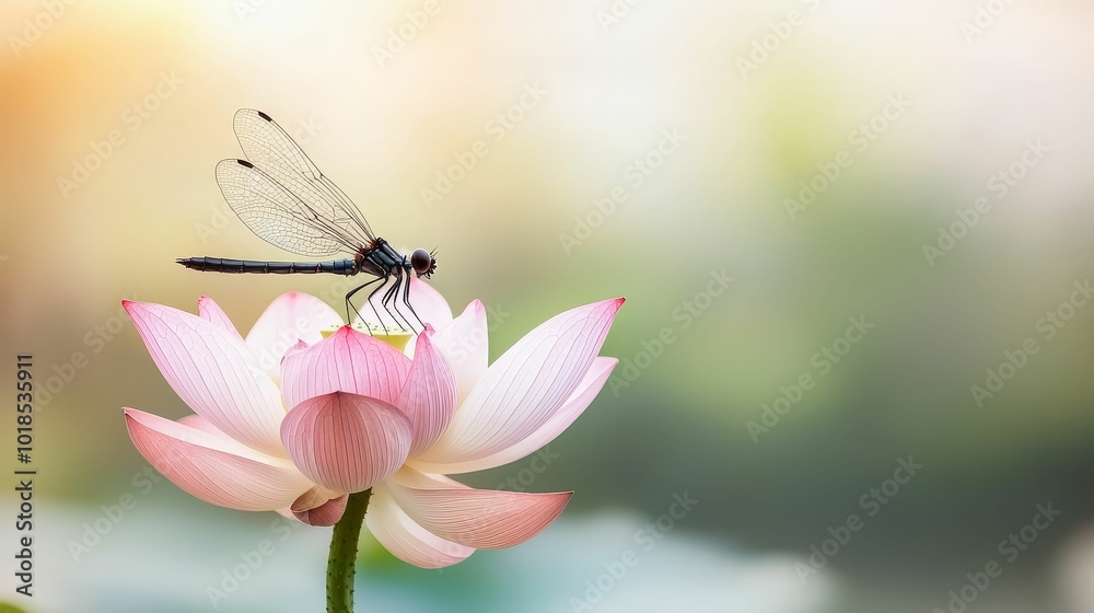 Obraz premium Dragonfly perched on a lotus flower in a peaceful Zen garden, tranquil atmosphere, natural beauty