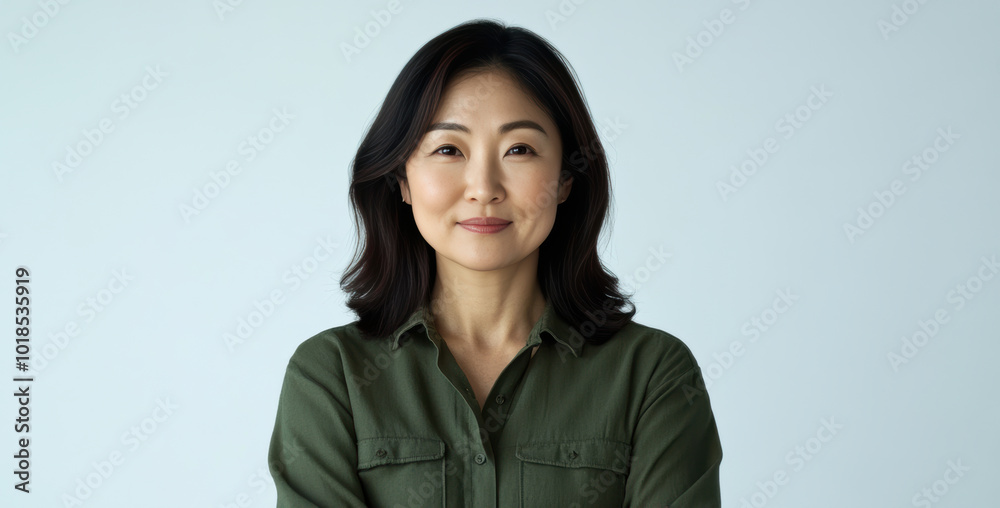 Middle-aged Asian women, in their late 30s to early 40s, pose in simple, everyday attire against clean white background. Portraits emphasize natural beauty casual, comfortable fashion.