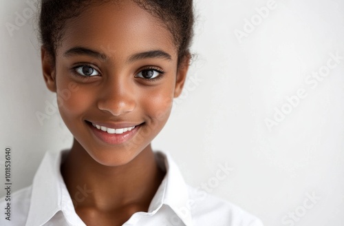 A young African girl bright smile stands out against a white background, highlighting her natural beauty and pure innocence in this charming portrait.