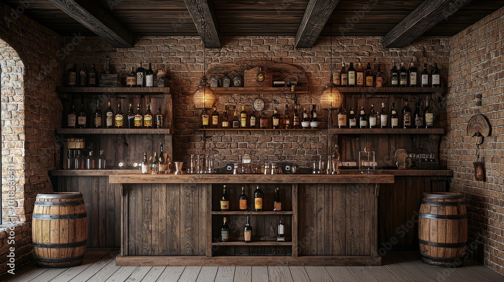 Rustic bar interior showcasing shelves filled with various bottles, wooden barrels, and warm lighting in a charming atmosphere.