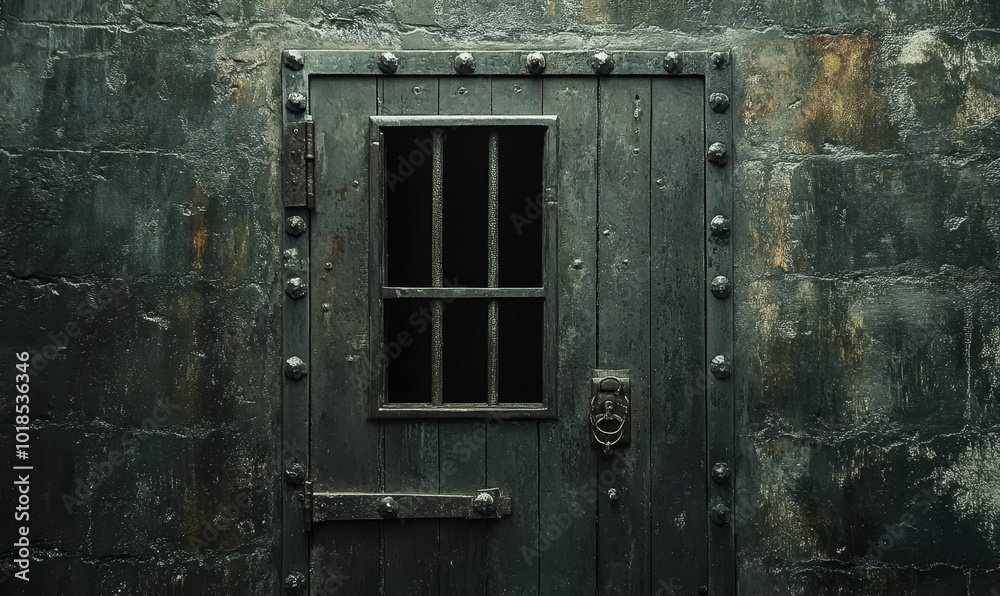 A weathered metal door with a barred window. A weathered metal door with a barred window.