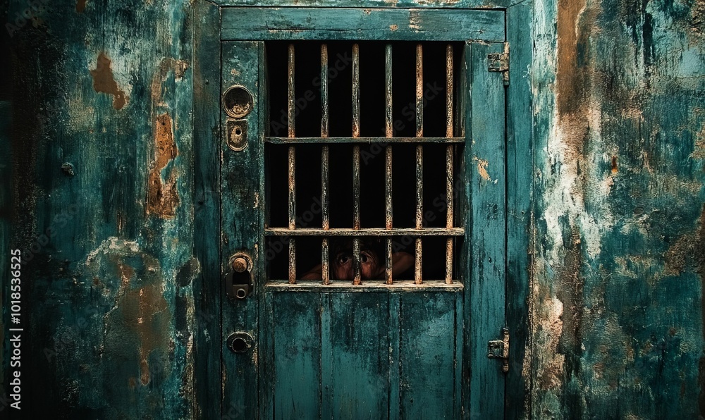 Eye peering through bars of wooden door. Eye peering through bars of wooden door.
