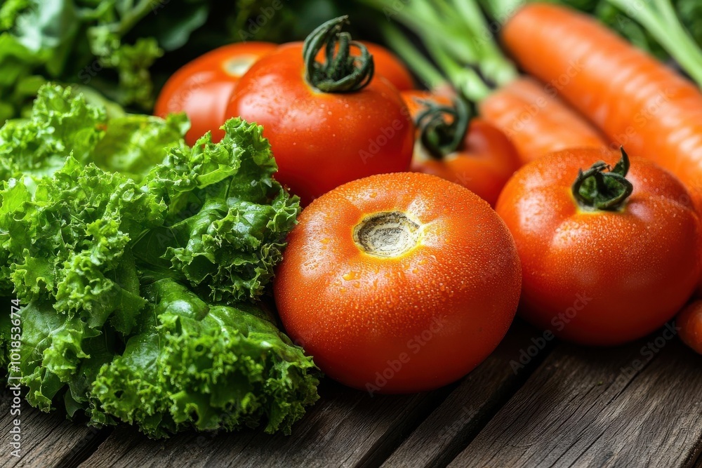 Fresh vegetables including tomatoes, lettuce, and carrots arranged artfully on a rustic wooden surface, ideal for healthy recipes. Fresh vegetables including tomatoes, lettuce, and carrots arranged artfully on a rustic wooden surface, ideal for healthy recipes.