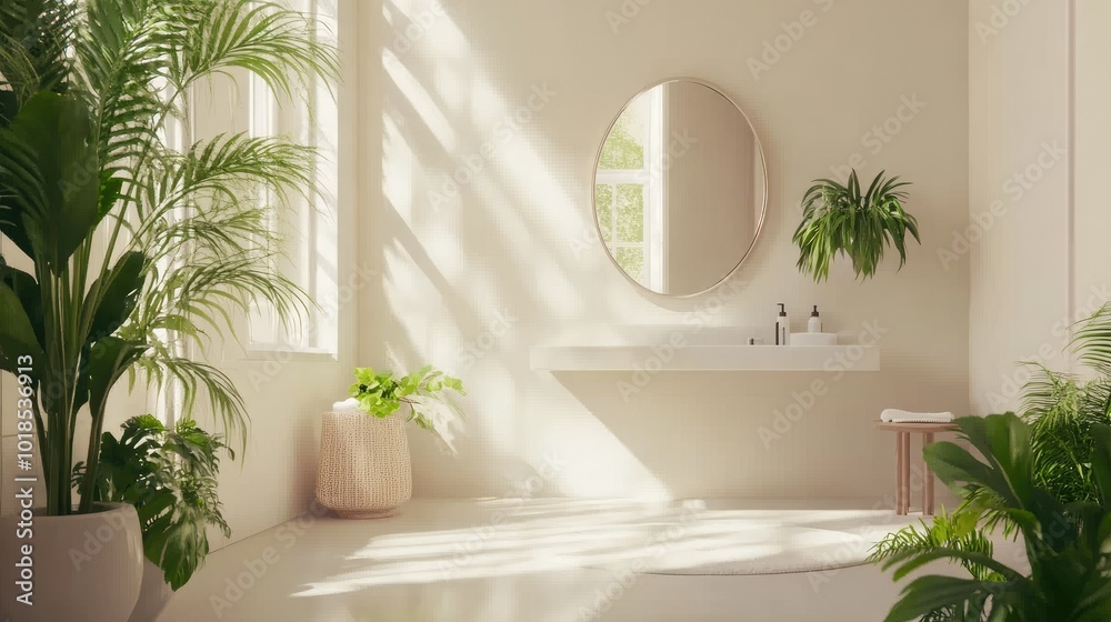 Bright bathroom with white and beige decor, a stylish mirror, and greenery for a fresh, natural feel Bright bathroom with white and beige decor, a stylish mirror, and greenery for a fresh, natural feel