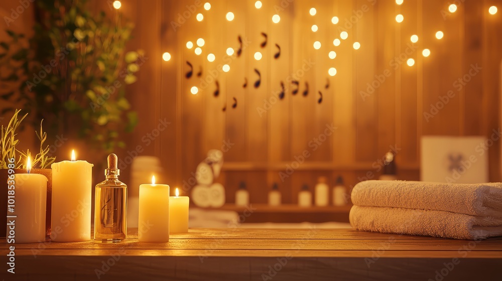 Serene spa interior featuring soft lighting, candles, towels, and a calming atmosphere for relaxation and rejuvenation.