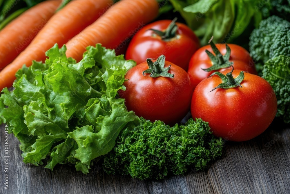 Fresh vegetables including tomatoes, carrots, lettuce, and broccoli arranged beautifully on a wooden surface. Fresh vegetables including tomatoes, carrots, lettuce, and broccoli arranged beautifully on a wooden surface.
