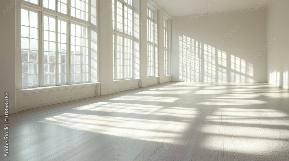 Bright empty space with sunlight pouring through windows, shadows creating a beautiful play of light Bright empty space with sunlight pouring through windows, shadows creating a beautiful play of light