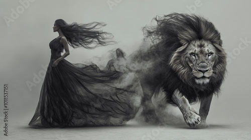 The girl and the lion are moving in the same direction, her gaze is directed forward, as if they are overcoming space and time together.