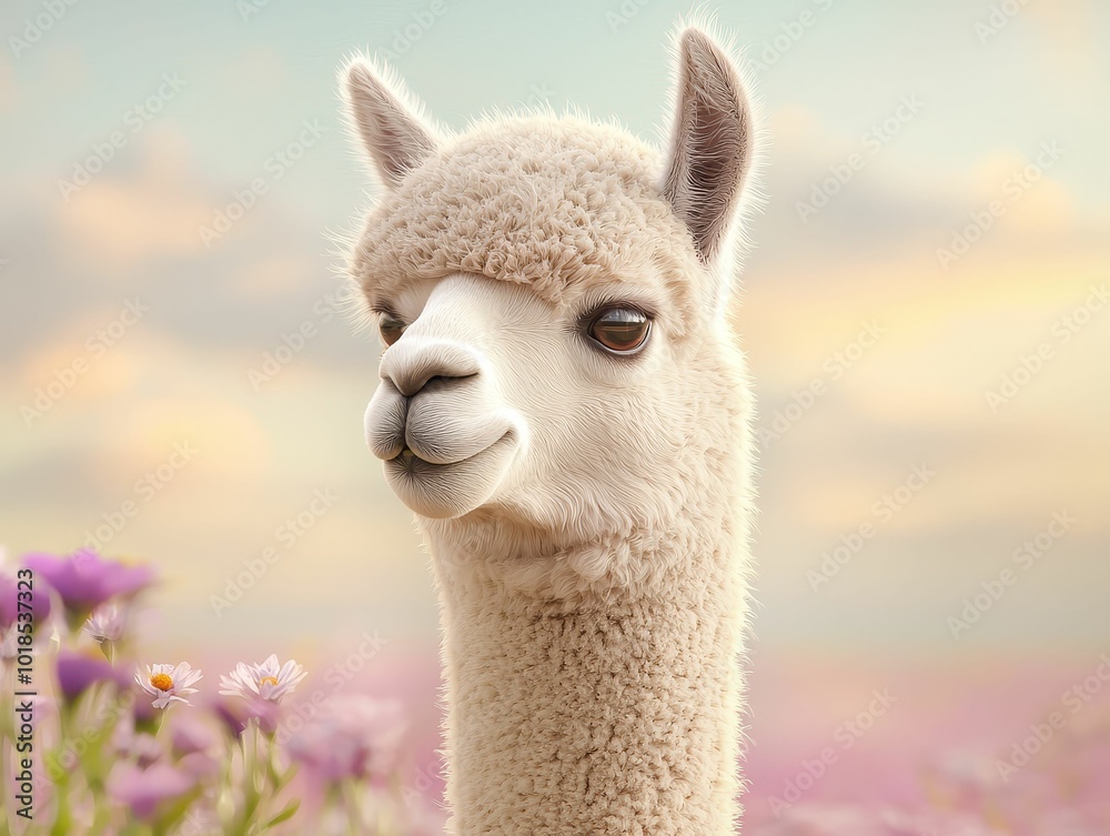 Obraz premium Alpaca standing in a field of wildflowers, colorful and detailed environment, soft afternoon light